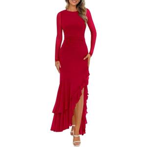 imageBTFBM Womens Maxi Dresses Fall 2025 Long Sleeve Ruched Bodycon Solid Ruffle Mermaid Cocktail Wedding Guest DressRed