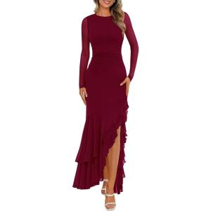 imageBTFBM Womens Maxi Dresses Fall 2025 Long Sleeve Ruched Bodycon Solid Ruffle Mermaid Cocktail Wedding Guest DressWine Red