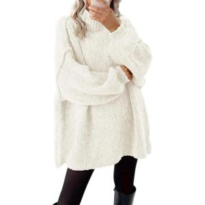 imageBTFBM Sweaters for Women Fall 2025 Long Sleeve Mock Neck Cable Knit Oversized Sweater Pullover Tops Thick Winter ClothesBeige White