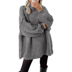 imageBTFBM Sweaters for Women Fall 2025 Long Sleeve Mock Neck Cable Knit Oversized Sweater Pullover Tops Thick Winter ClothesGrey