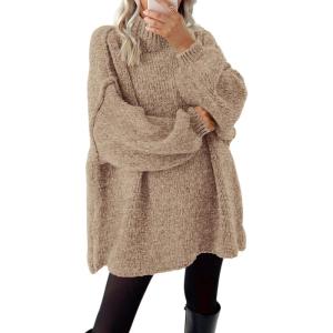 imageBTFBM Sweaters for Women Fall 2025 Long Sleeve Mock Neck Cable Knit Oversized Sweater Pullover Tops Thick Winter ClothesKhaki