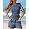 imageBTFBM Womens Summer Tops 2025 Boat Neck Cap Sleeve Tee Shirts Ruched Slim Fit Knit Going Out Tank Top Fashion ClothingGrey Blue