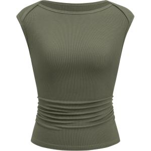 imageBTFBM Womens Summer Tops 2025 Boat Neck Cap Sleeve Tee Shirts Ruched Slim Fit Knit Going Out Tank Top Fashion ClothingArmy Green
