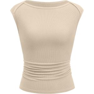 imageBTFBM Womens Summer Tops 2025 Boat Neck Cap Sleeve Tee Shirts Ruched Slim Fit Knit Going Out Tank Top Fashion ClothingBeige