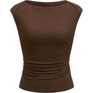 imageBTFBM Womens Summer Tops 2025 Boat Neck Cap Sleeve Tee Shirts Ruched Slim Fit Knit Going Out Tank Top Fashion ClothingBrown