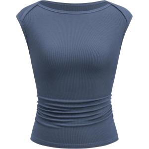 imageBTFBM Womens Summer Tops 2025 Boat Neck Cap Sleeve Tee Shirts Ruched Slim Fit Knit Going Out Tank Top Fashion ClothingGrey Blue