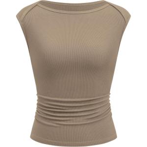 imageBTFBM Womens Summer Tops 2025 Boat Neck Cap Sleeve Tee Shirts Ruched Slim Fit Knit Going Out Tank Top Fashion ClothingKhaki