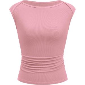 imageBTFBM Womens Summer Tops 2025 Boat Neck Cap Sleeve Tee Shirts Ruched Slim Fit Knit Going Out Tank Top Fashion ClothingPink