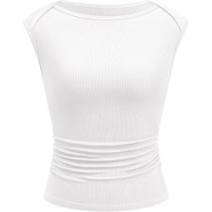 imageBTFBM Womens Summer Tops 2025 Boat Neck Cap Sleeve Tee Shirts Ruched Slim Fit Knit Going Out Tank Top Fashion ClothingWhite