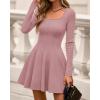 imageBTFBM Square Neck Dress for Women Casual Fall Long Sleeve Knit Pleated Elegant Classy 2025 A Line Cocktail Mini DressesPink