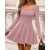 imageBTFBM Square Neck Dress for Women Casual Fall Long Sleeve Knit Pleated Elegant Classy 2025 A Line Cocktail Mini DressesPink
