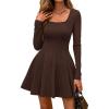 imageBTFBM Square Neck Dress for Women Casual Fall Long Sleeve Knit Pleated Elegant Classy 2025 A Line Cocktail Mini DressesBrown