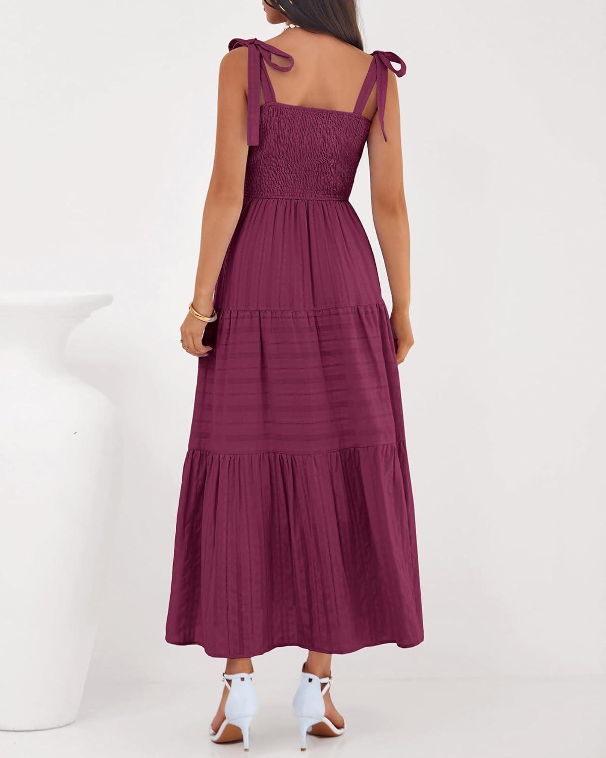 imageBTFBM Boho Maxi Dress Sleeveless Summer Dresses for Women 2026 Beach Vacation Smocked A Line Casual Sundress PocketsBurgundy