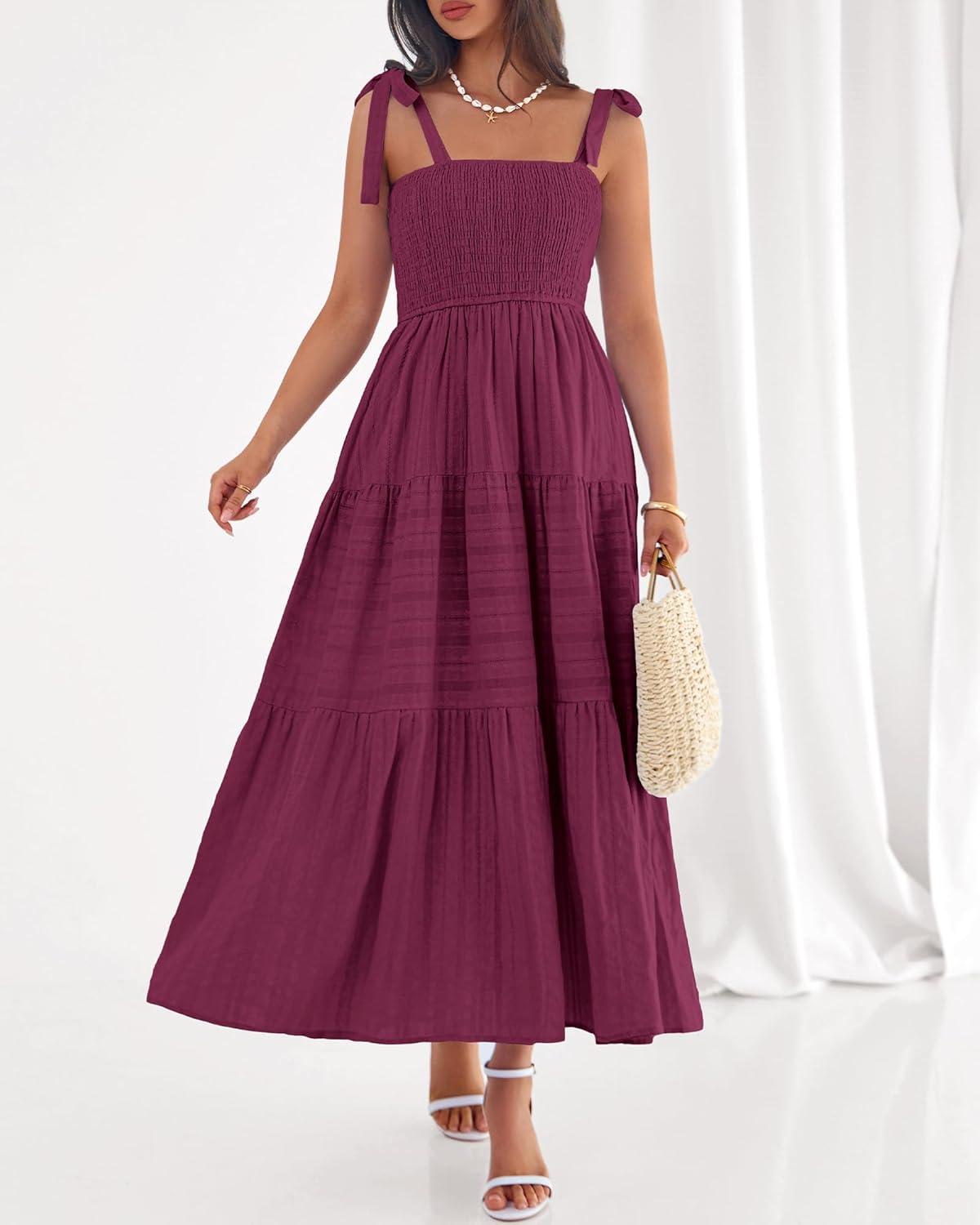 imageBTFBM Boho Maxi Dress Sleeveless Summer Dresses for Women 2026 Beach Vacation Smocked A Line Casual Sundress PocketsBurgundy