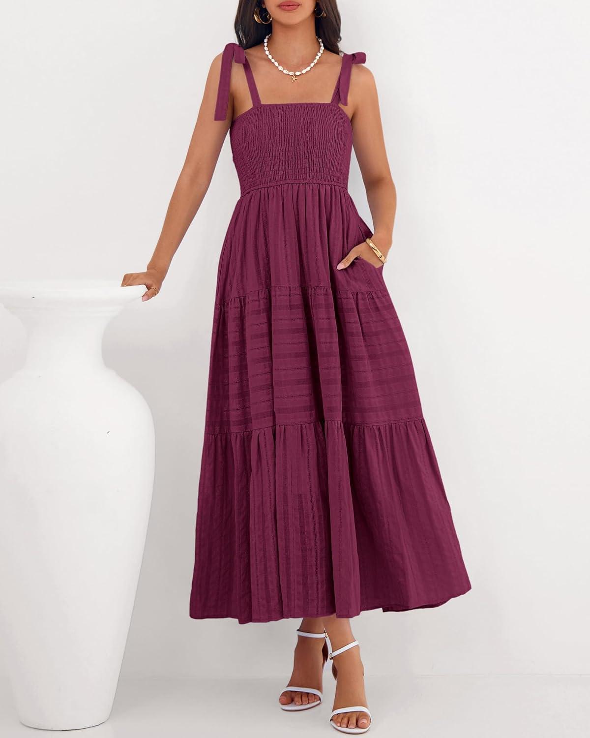 imageBTFBM Boho Maxi Dress Sleeveless Summer Dresses for Women 2026 Beach Vacation Smocked A Line Casual Sundress PocketsBurgundy