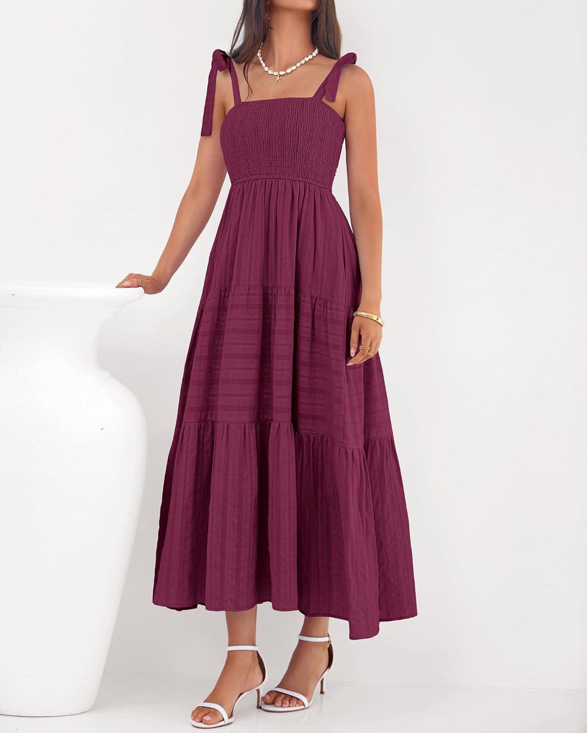 imageBTFBM Boho Maxi Dress Sleeveless Summer Dresses for Women 2026 Beach Vacation Smocked A Line Casual Sundress PocketsBurgundy