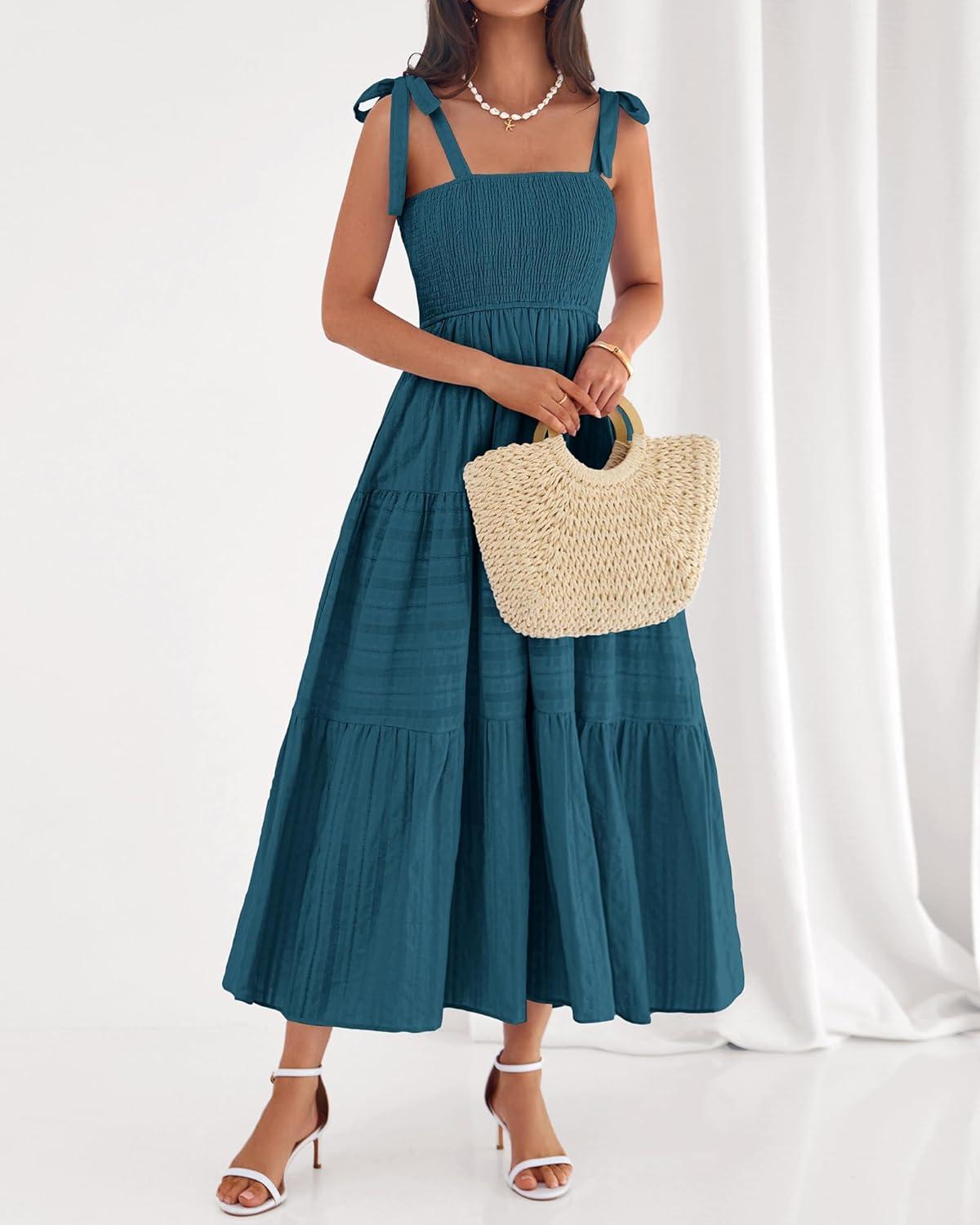 imageBTFBM Boho Maxi Dress Sleeveless Summer Dresses for Women 2026 Beach Vacation Smocked A Line Casual Sundress PocketsLake Blue