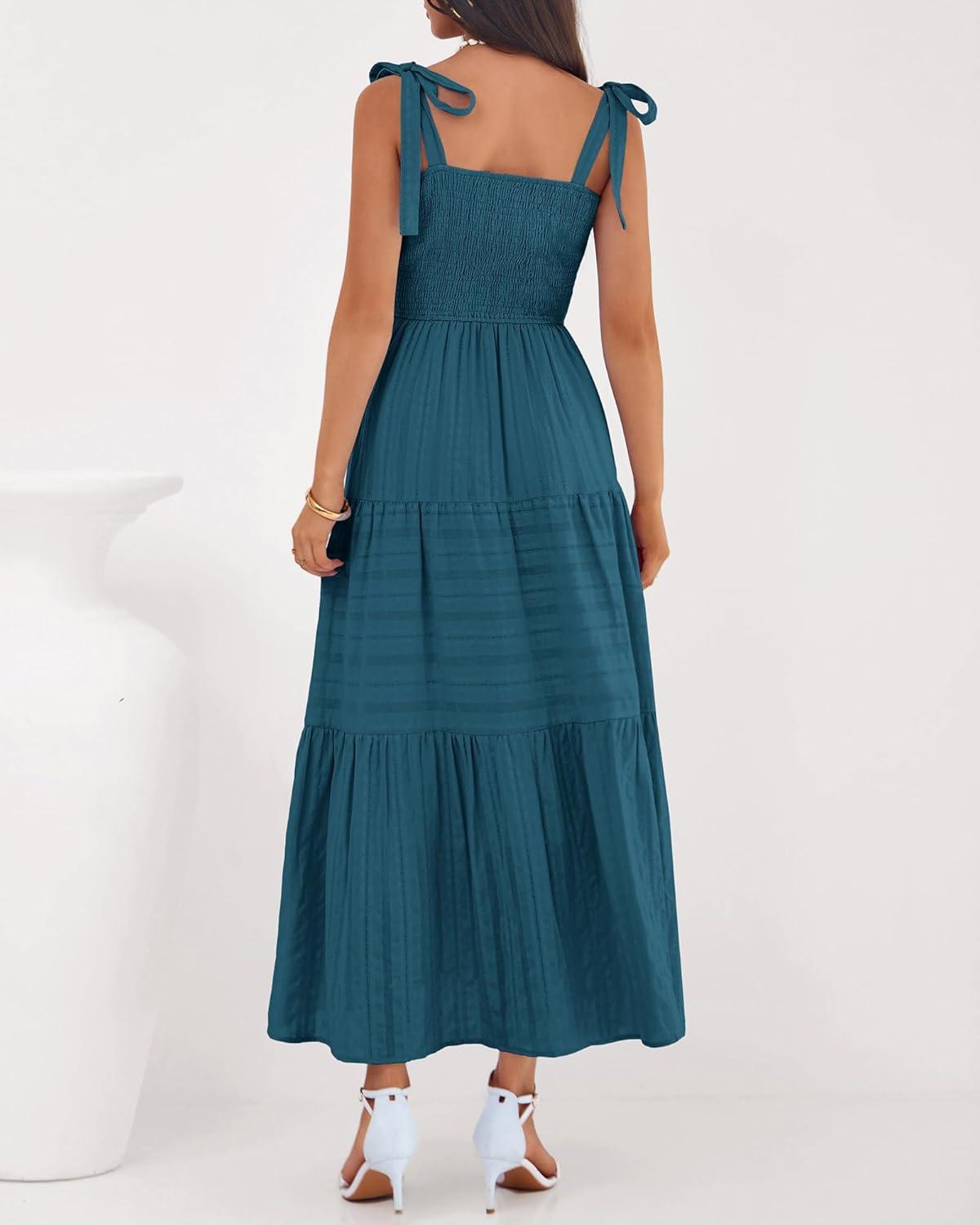 imageBTFBM Boho Maxi Dress Sleeveless Summer Dresses for Women 2026 Beach Vacation Smocked A Line Casual Sundress PocketsLake Blue