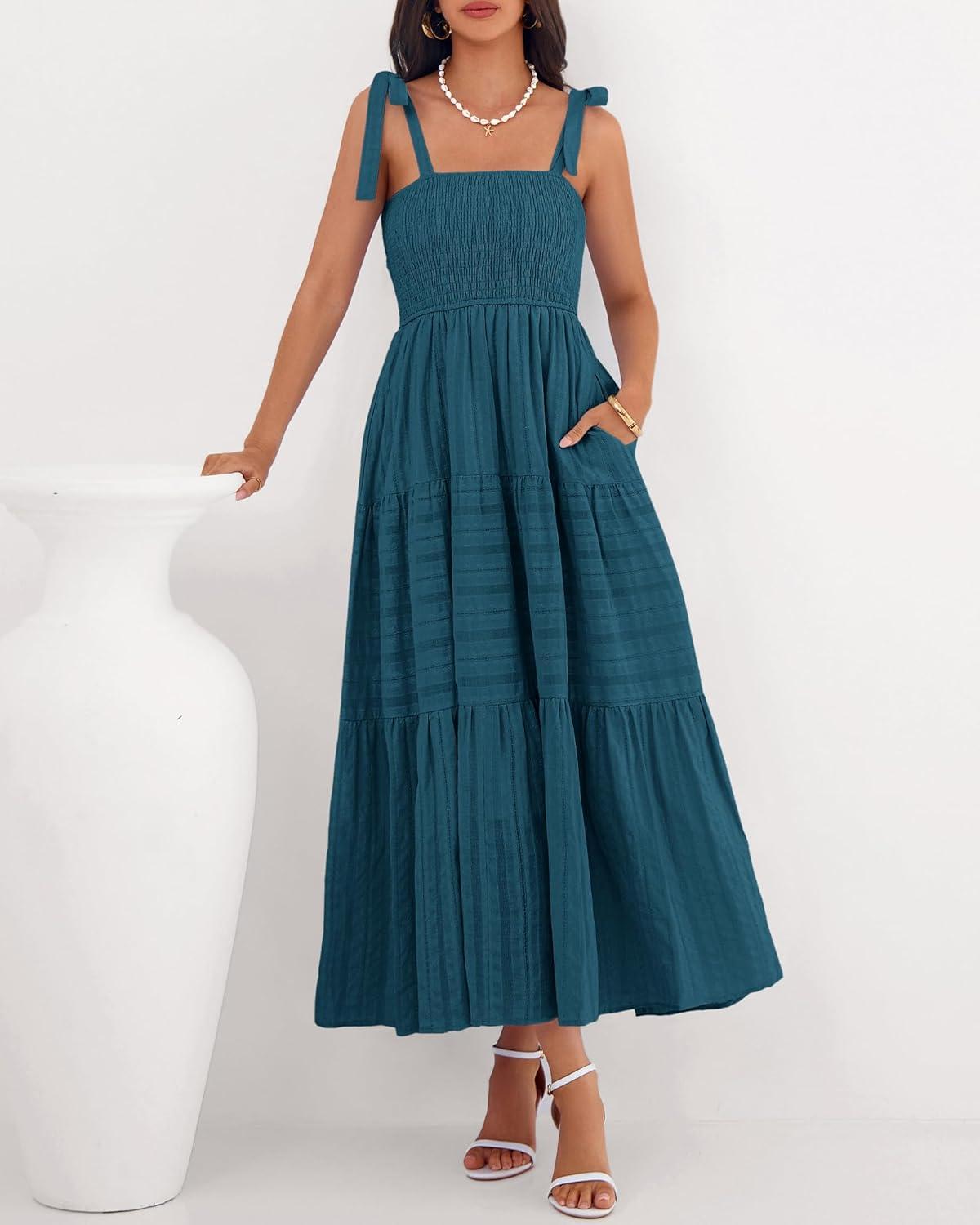 imageBTFBM Boho Maxi Dress Sleeveless Summer Dresses for Women 2026 Beach Vacation Smocked A Line Casual Sundress PocketsLake Blue