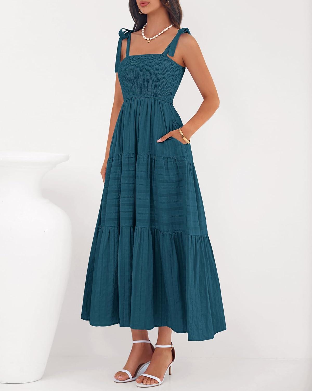 imageBTFBM Boho Maxi Dress Sleeveless Summer Dresses for Women 2026 Beach Vacation Smocked A Line Casual Sundress PocketsLake Blue