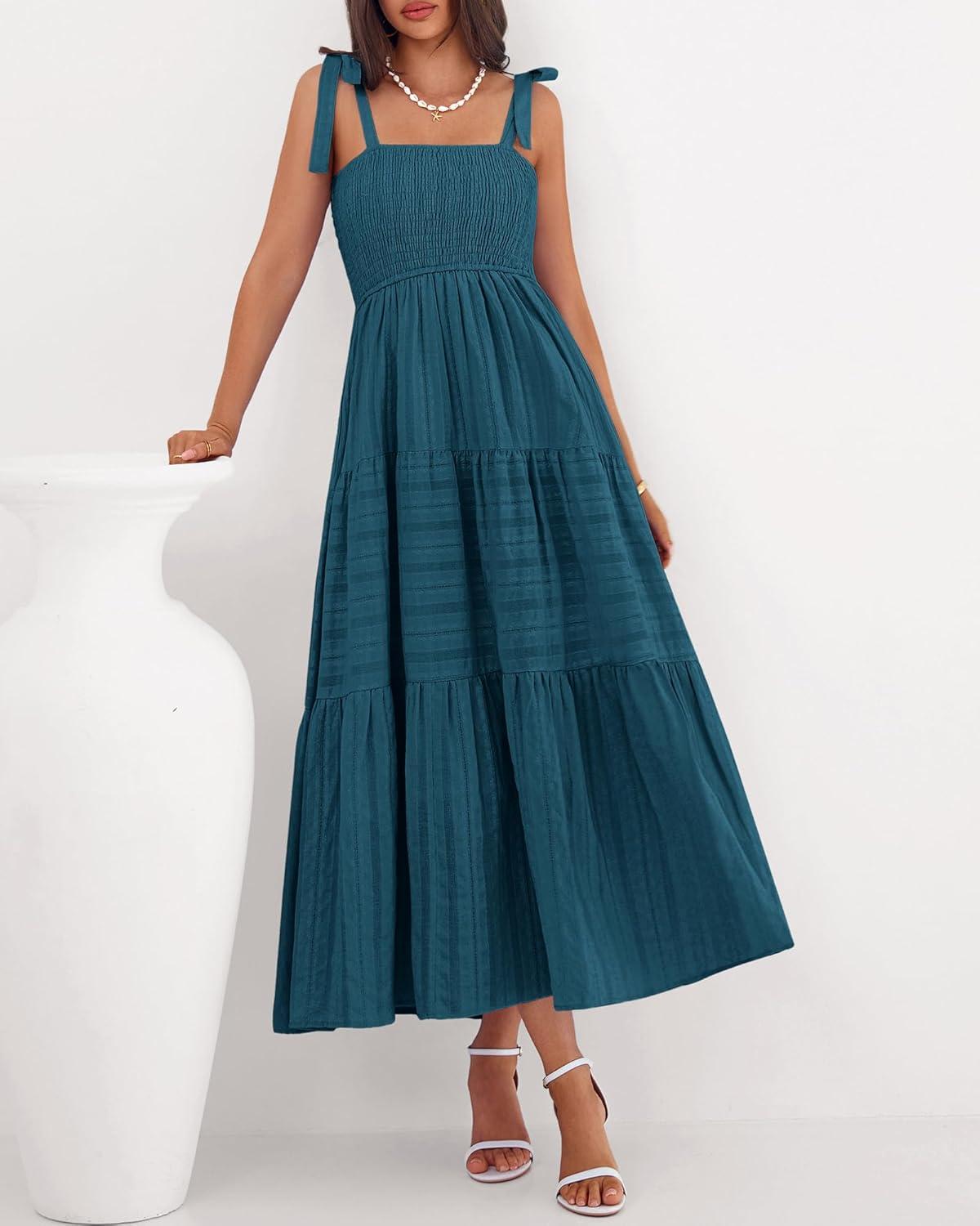 imageBTFBM Boho Maxi Dress Sleeveless Summer Dresses for Women 2026 Beach Vacation Smocked A Line Casual Sundress PocketsLake Blue