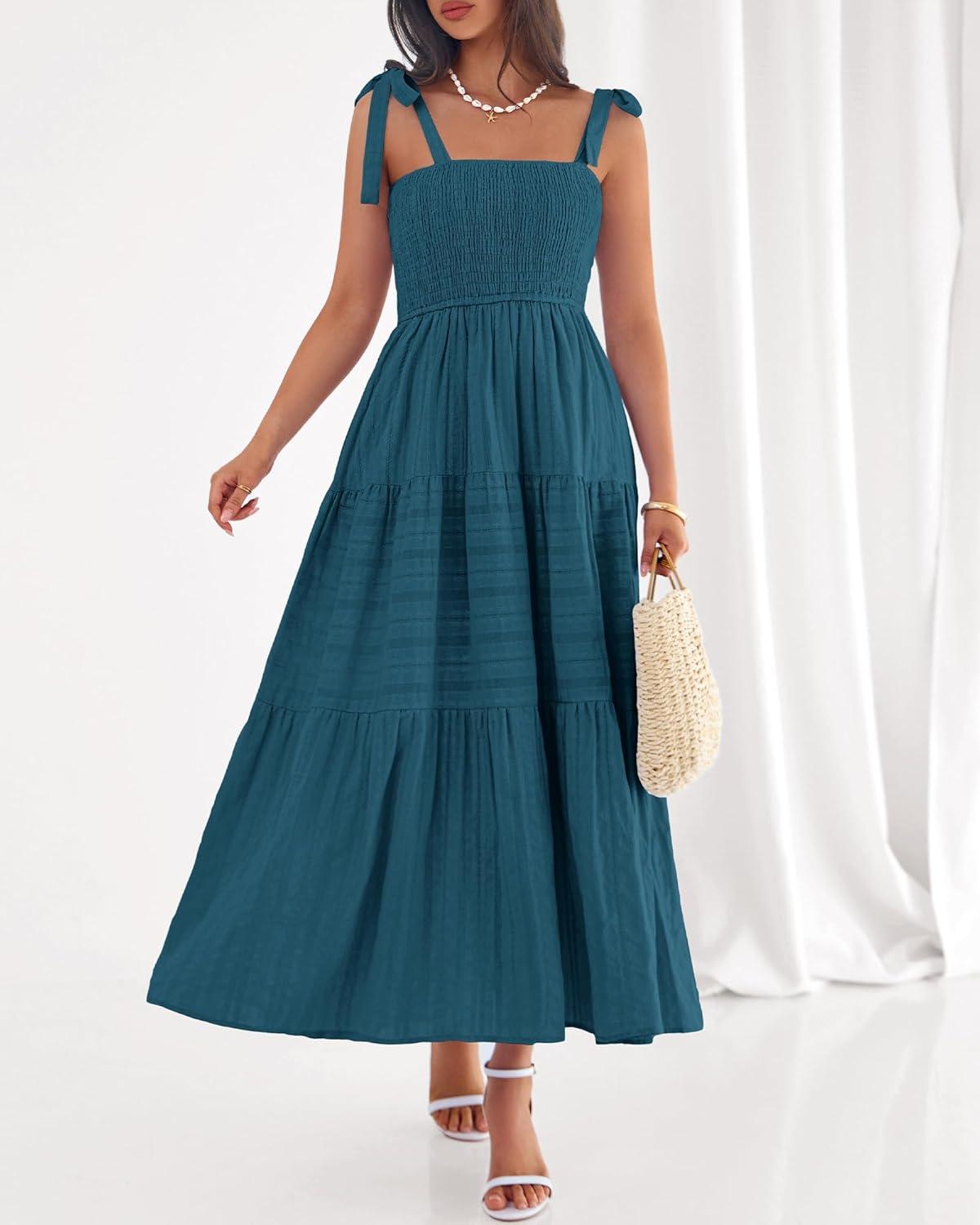 imageBTFBM Boho Maxi Dress Sleeveless Summer Dresses for Women 2026 Beach Vacation Smocked A Line Casual Sundress PocketsLake Blue