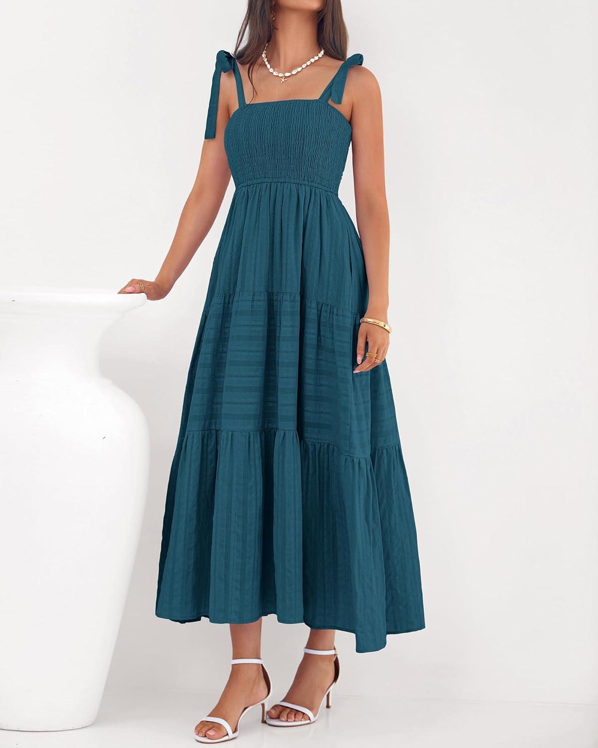 imageBTFBM Boho Maxi Dress Sleeveless Summer Dresses for Women 2026 Beach Vacation Smocked A Line Casual Sundress PocketsLake Blue