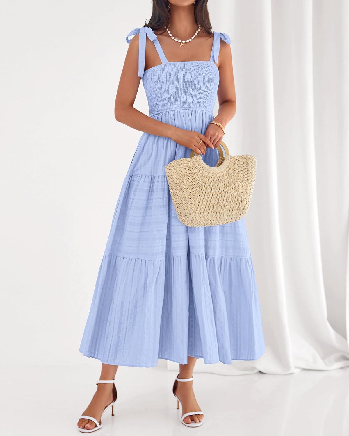 imageBTFBM Boho Maxi Dress Sleeveless Summer Dresses for Women 2026 Beach Vacation Smocked A Line Casual Sundress PocketsLight Blue