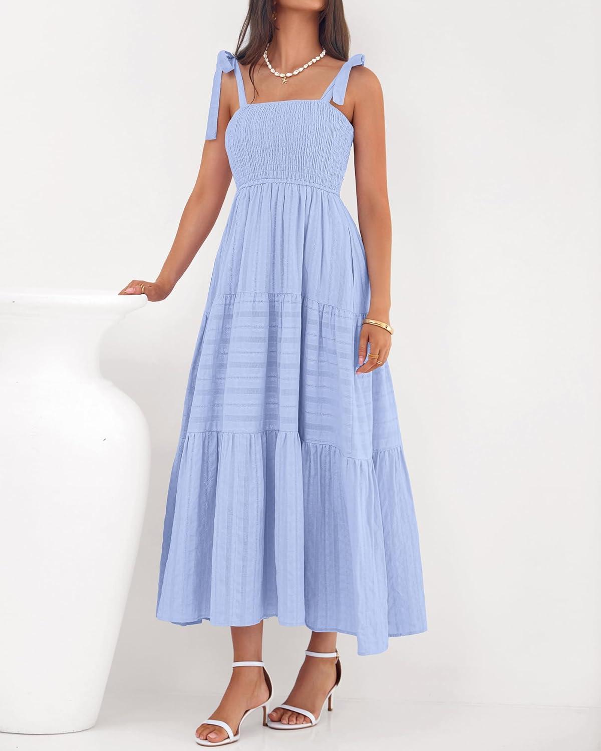 imageBTFBM Boho Maxi Dress Sleeveless Summer Dresses for Women 2026 Beach Vacation Smocked A Line Casual Sundress PocketsLight Blue