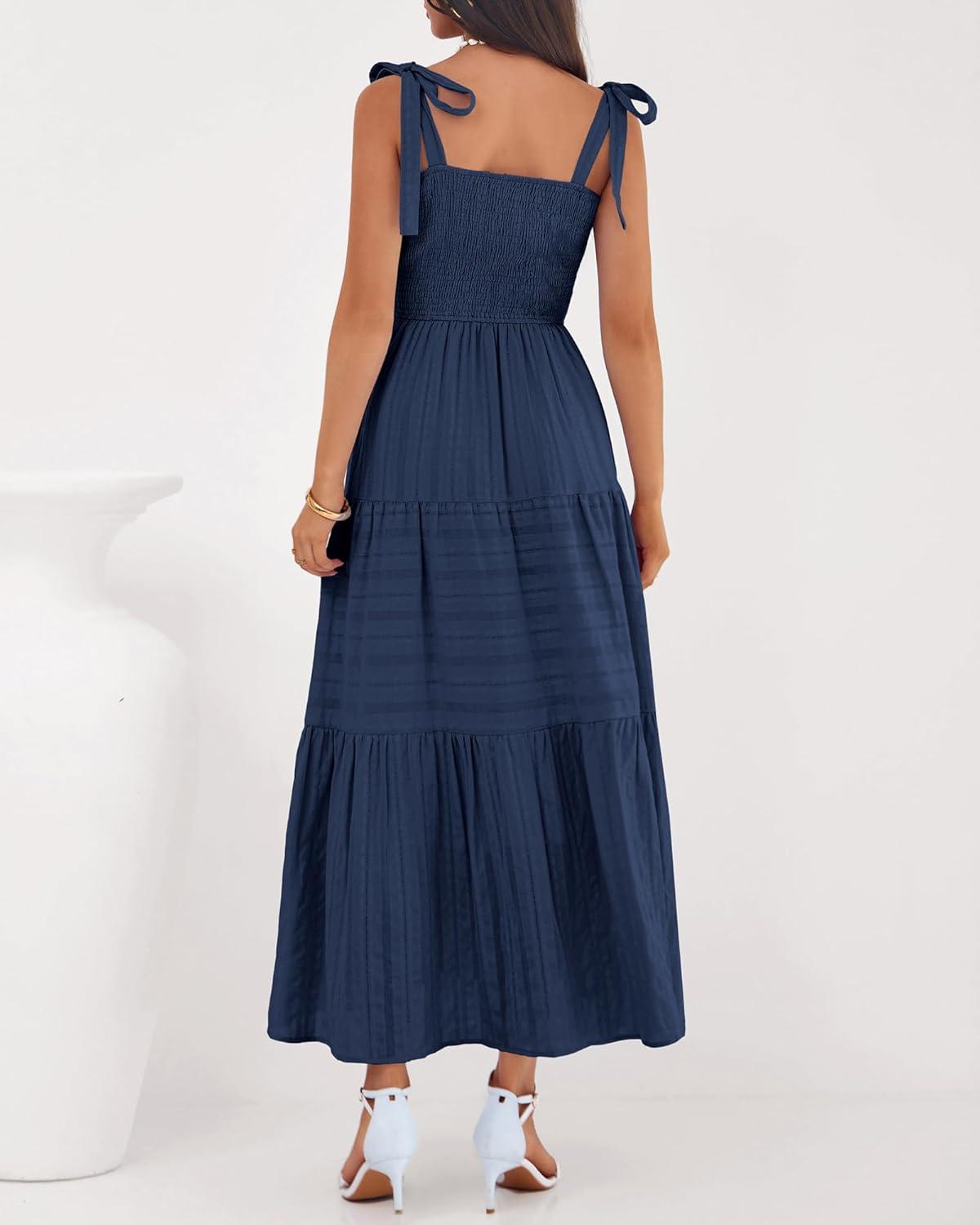 imageBTFBM Boho Maxi Dress Sleeveless Summer Dresses for Women 2026 Beach Vacation Smocked A Line Casual Sundress PocketsNavy Blue