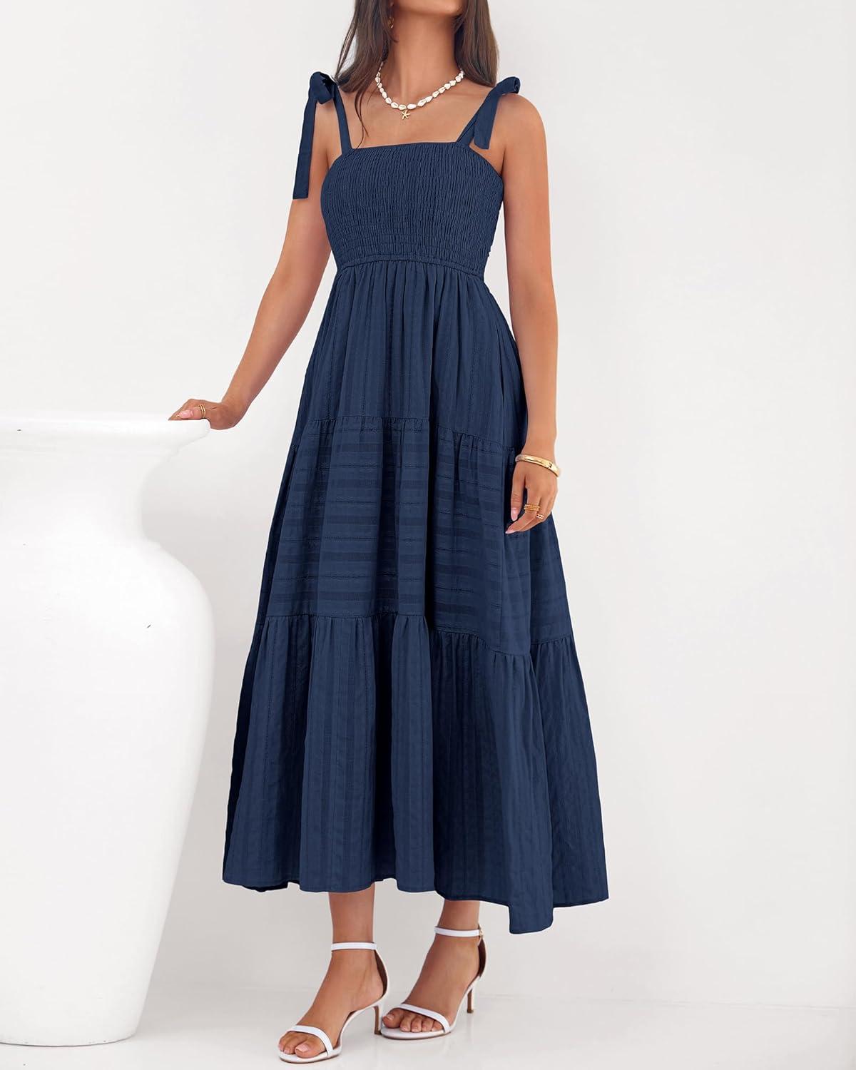 imageBTFBM Boho Maxi Dress Sleeveless Summer Dresses for Women 2026 Beach Vacation Smocked A Line Casual Sundress PocketsNavy Blue