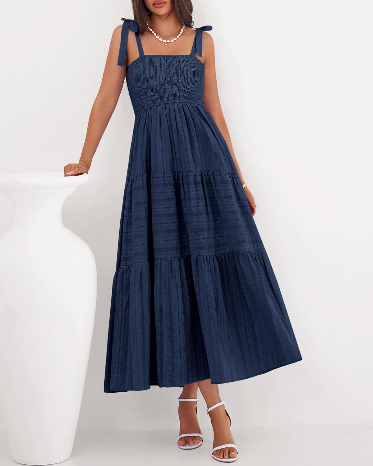 imageBTFBM Boho Maxi Dress Sleeveless Summer Dresses for Women 2026 Beach Vacation Smocked A Line Casual Sundress PocketsNavy Blue