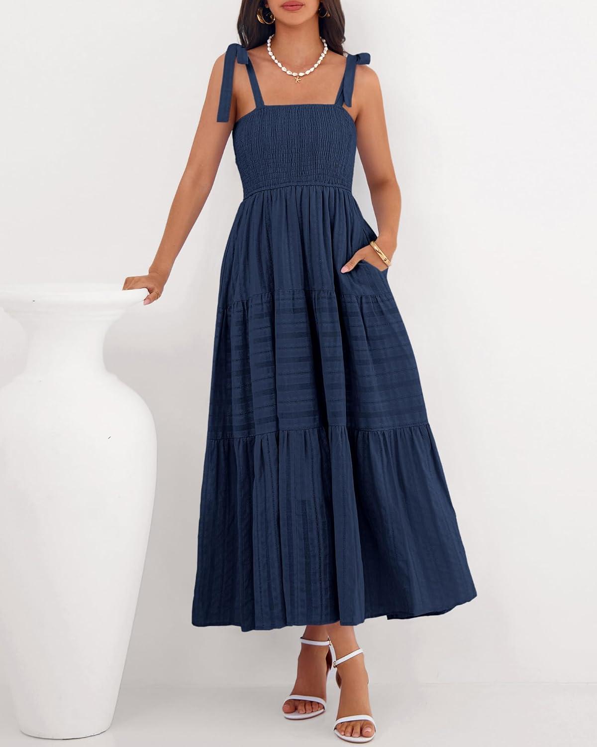imageBTFBM Boho Maxi Dress Sleeveless Summer Dresses for Women 2026 Beach Vacation Smocked A Line Casual Sundress PocketsNavy Blue