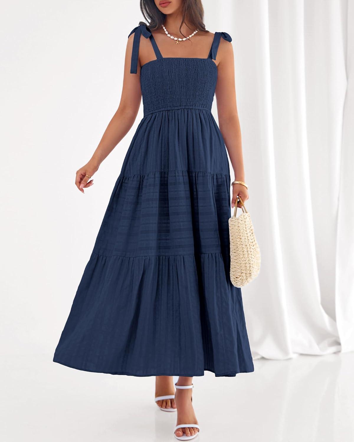 imageBTFBM Boho Maxi Dress Sleeveless Summer Dresses for Women 2026 Beach Vacation Smocked A Line Casual Sundress PocketsNavy Blue
