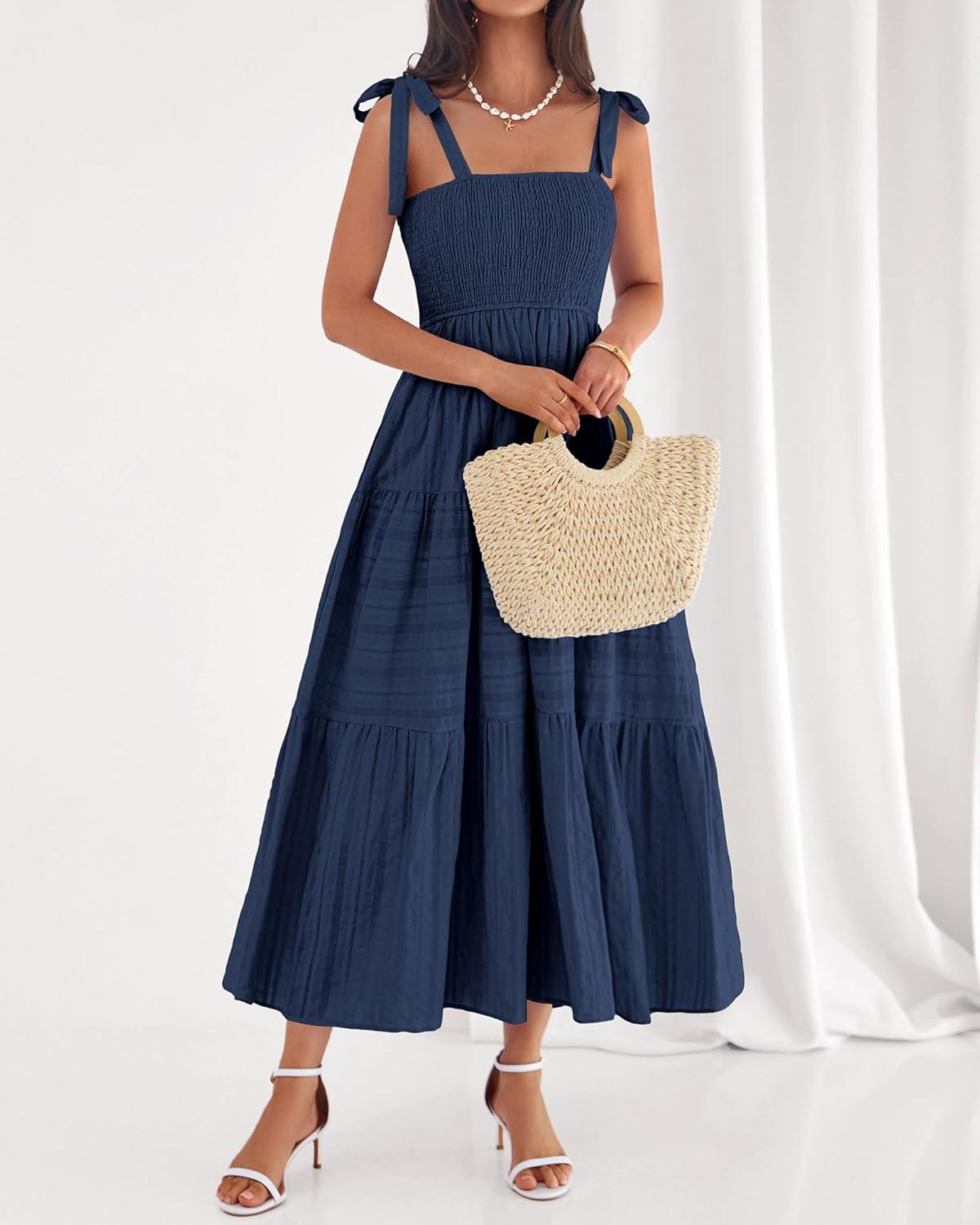 imageBTFBM Boho Maxi Dress Sleeveless Summer Dresses for Women 2026 Beach Vacation Smocked A Line Casual Sundress PocketsNavy Blue