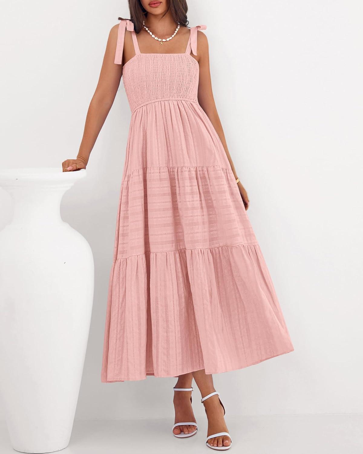 imageBTFBM Boho Maxi Dress Sleeveless Summer Dresses for Women 2026 Beach Vacation Smocked A Line Casual Sundress PocketsPink