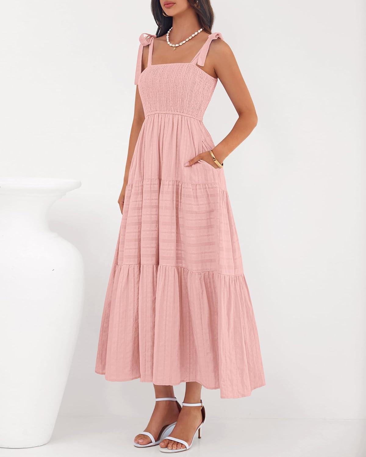 imageBTFBM Boho Maxi Dress Sleeveless Summer Dresses for Women 2026 Beach Vacation Smocked A Line Casual Sundress PocketsPink