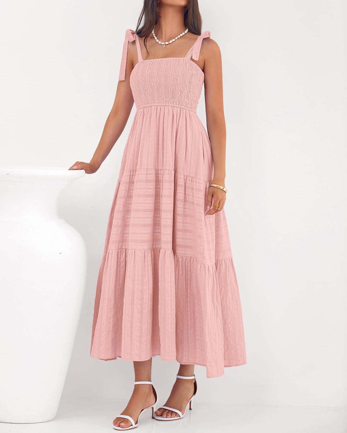 imageBTFBM Boho Maxi Dress Sleeveless Summer Dresses for Women 2026 Beach Vacation Smocked A Line Casual Sundress PocketsPink