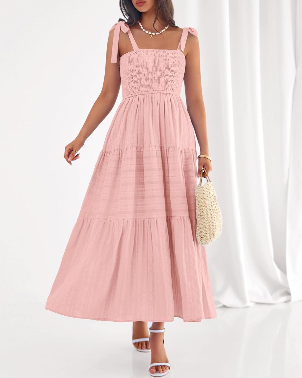 imageBTFBM Boho Maxi Dress Sleeveless Summer Dresses for Women 2026 Beach Vacation Smocked A Line Casual Sundress PocketsPink