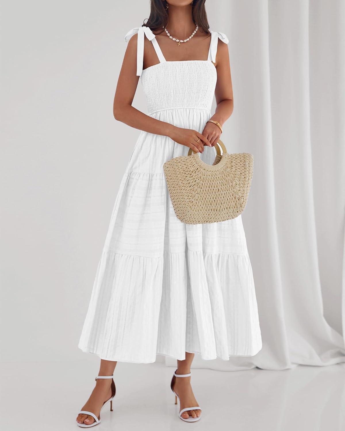 imageBTFBM Boho Maxi Dress Sleeveless Summer Dresses for Women 2026 Beach Vacation Smocked A Line Casual Sundress PocketsWhite