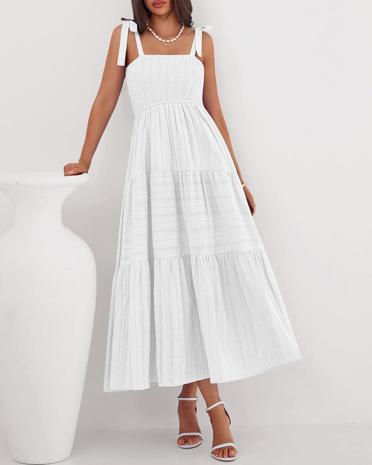 imageBTFBM Boho Maxi Dress Sleeveless Summer Dresses for Women 2026 Beach Vacation Smocked A Line Casual Sundress PocketsWhite