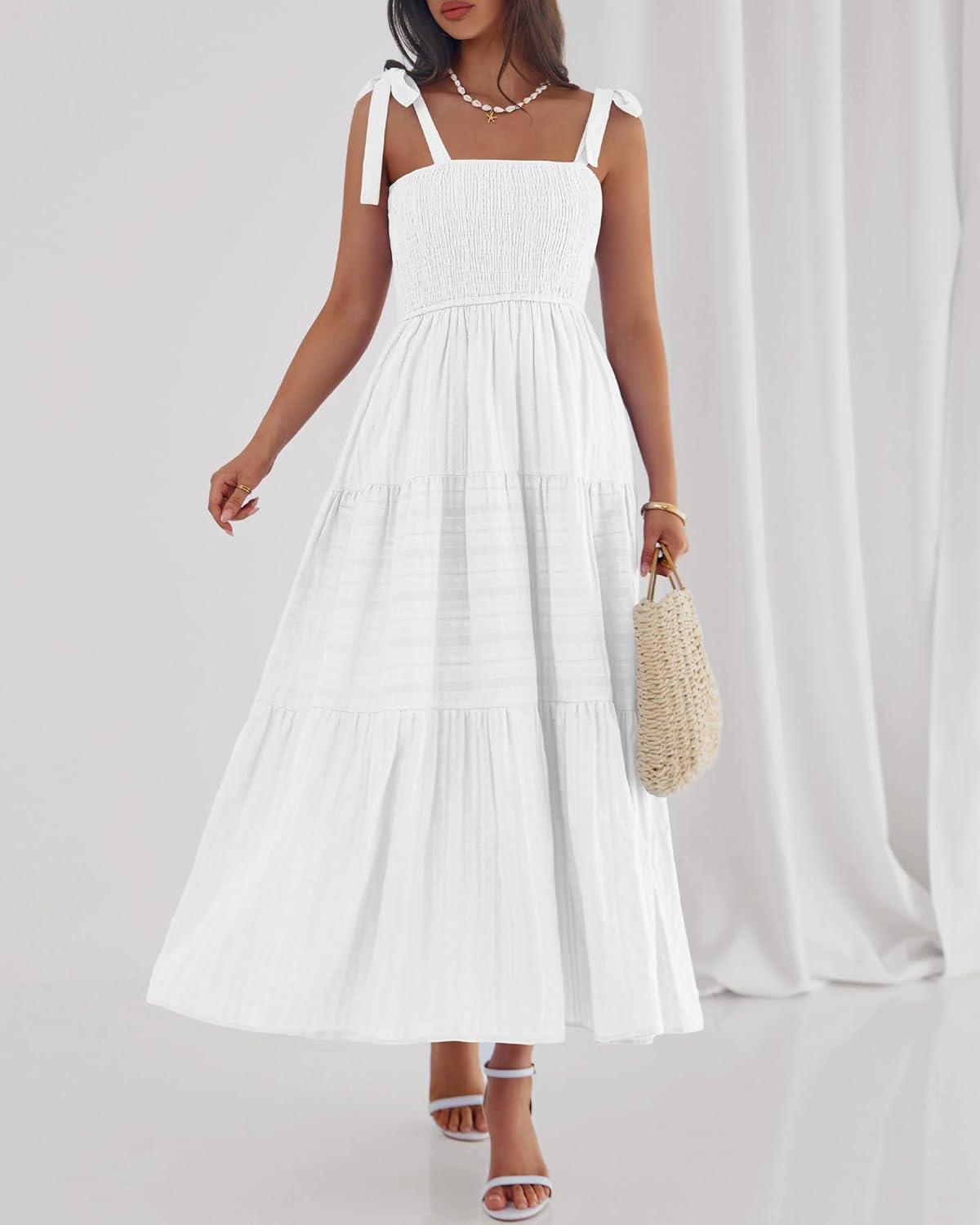 imageBTFBM Boho Maxi Dress Sleeveless Summer Dresses for Women 2026 Beach Vacation Smocked A Line Casual Sundress PocketsWhite