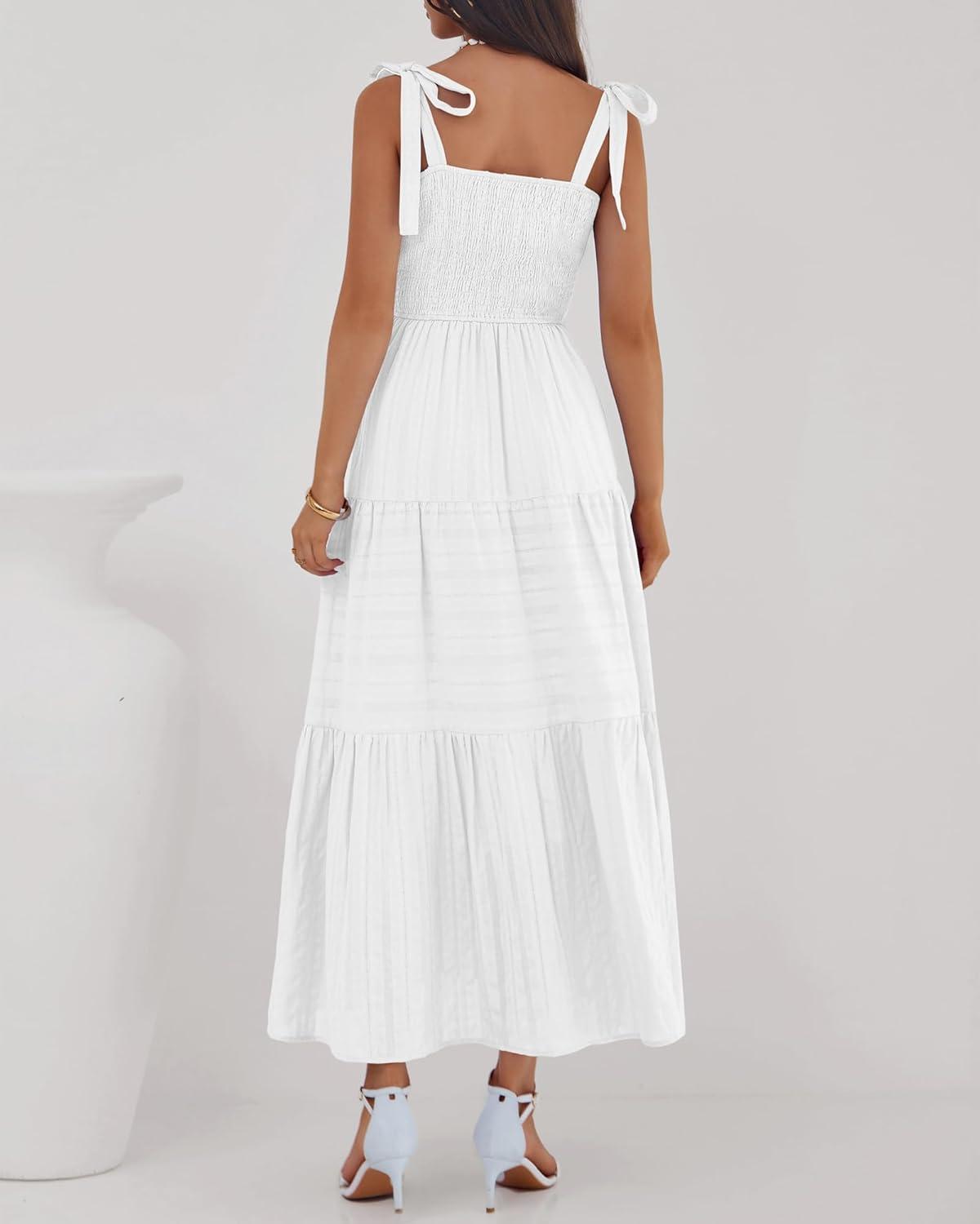 imageBTFBM Boho Maxi Dress Sleeveless Summer Dresses for Women 2026 Beach Vacation Smocked A Line Casual Sundress PocketsWhite