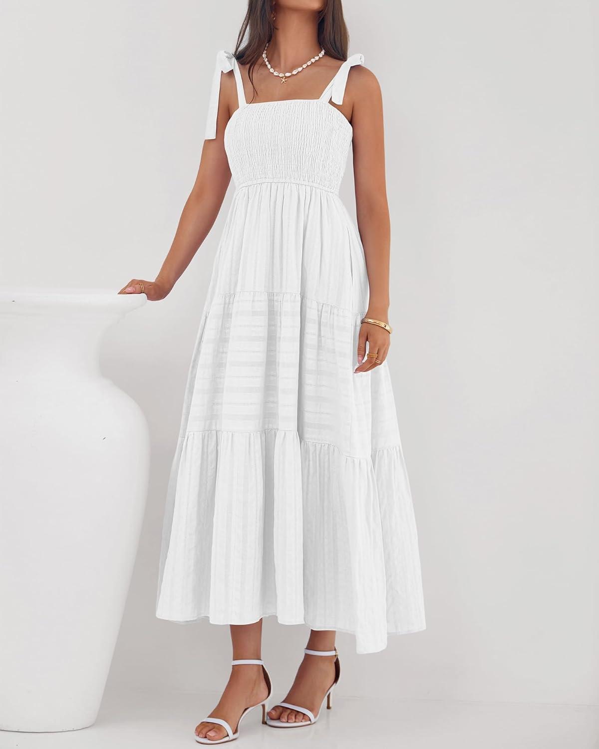 imageBTFBM Boho Maxi Dress Sleeveless Summer Dresses for Women 2026 Beach Vacation Smocked A Line Casual Sundress PocketsWhite