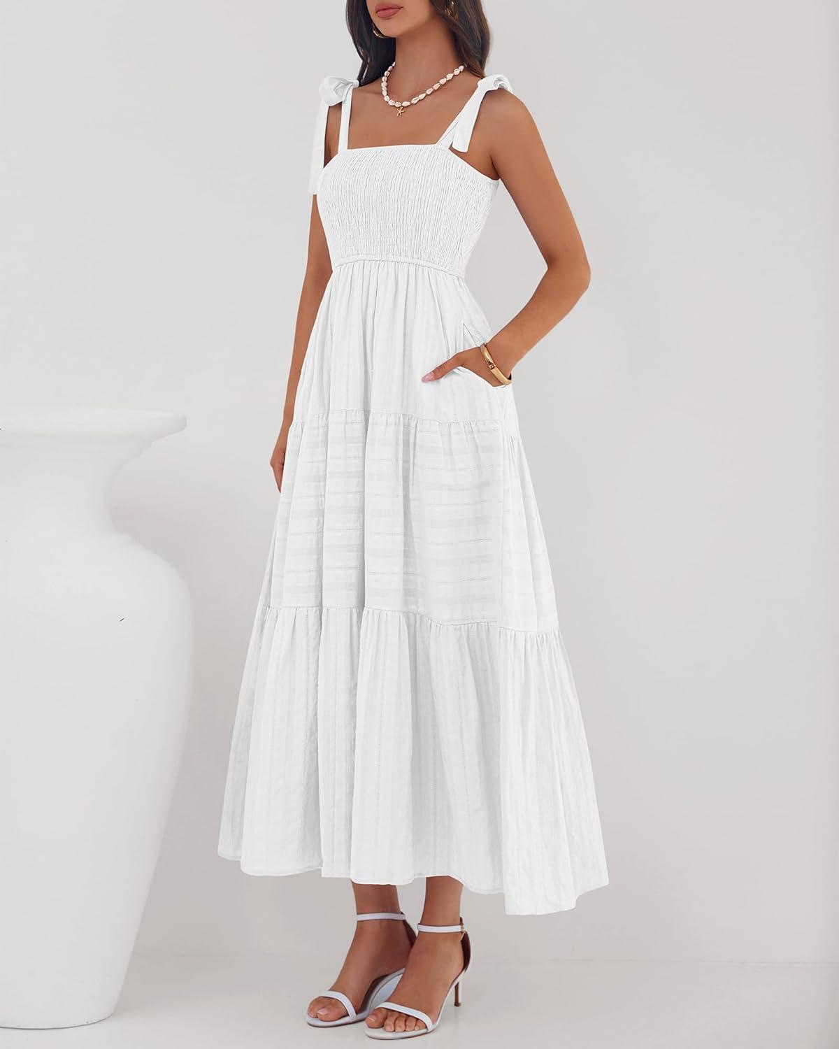 imageBTFBM Boho Maxi Dress Sleeveless Summer Dresses for Women 2026 Beach Vacation Smocked A Line Casual Sundress PocketsWhite