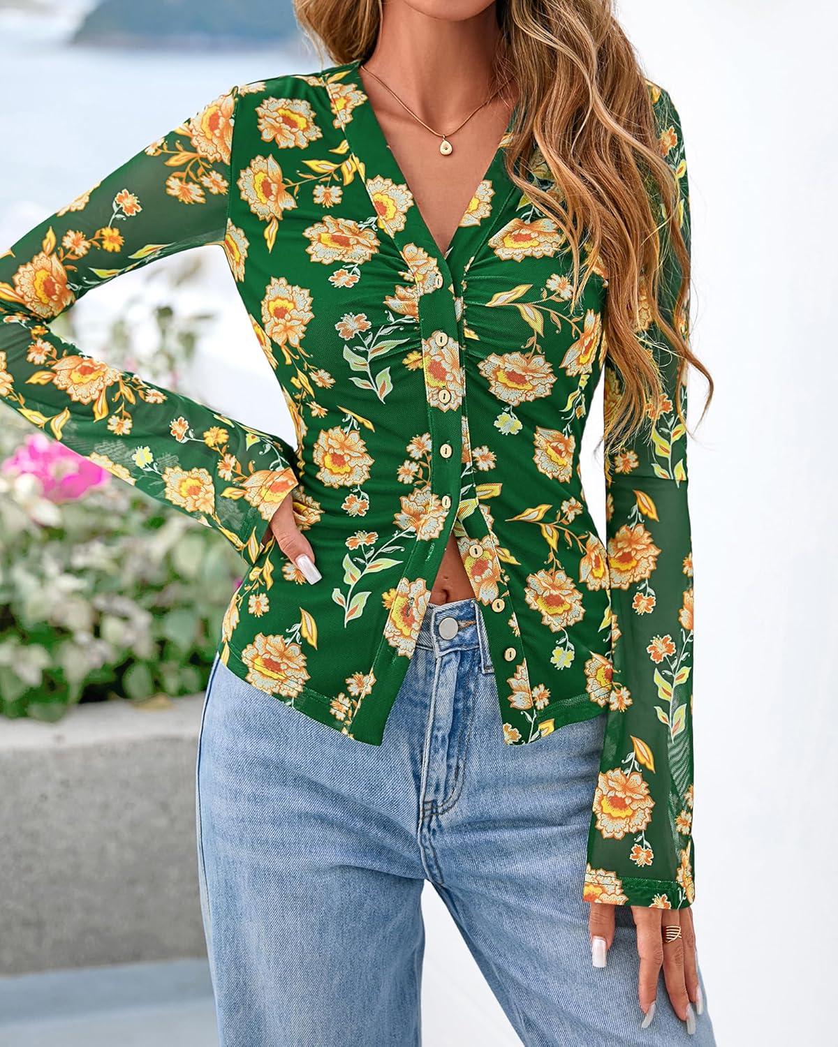 imageBTFBM Button Down Shirts for Women Fall Fashion 2025 V Neck Long Sleeve Blouse Ruched Mesh Fitted Floral Print Boho TopsArmy Green