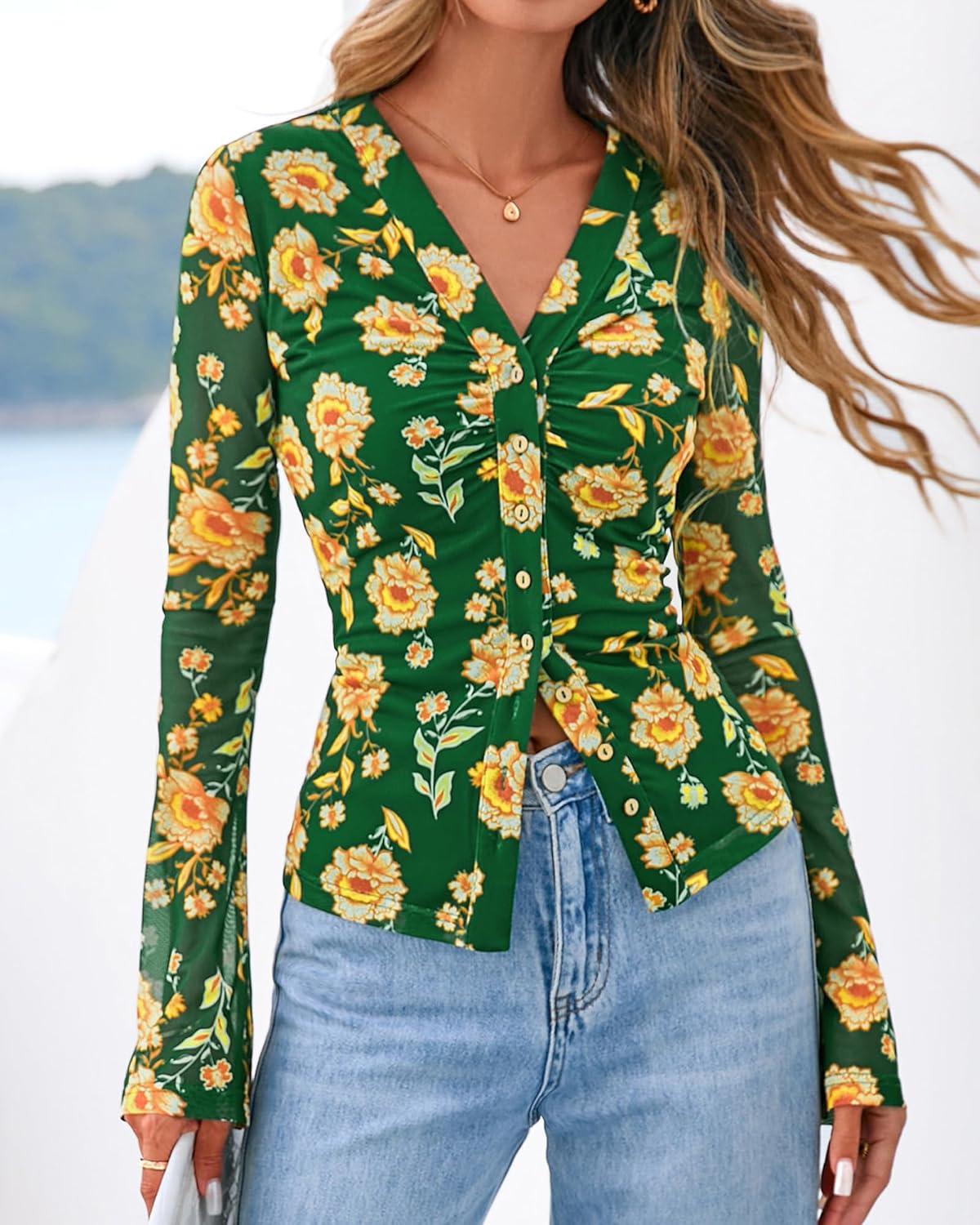 imageBTFBM Button Down Shirts for Women Fall Fashion 2025 V Neck Long Sleeve Blouse Ruched Mesh Fitted Floral Print Boho TopsArmy Green