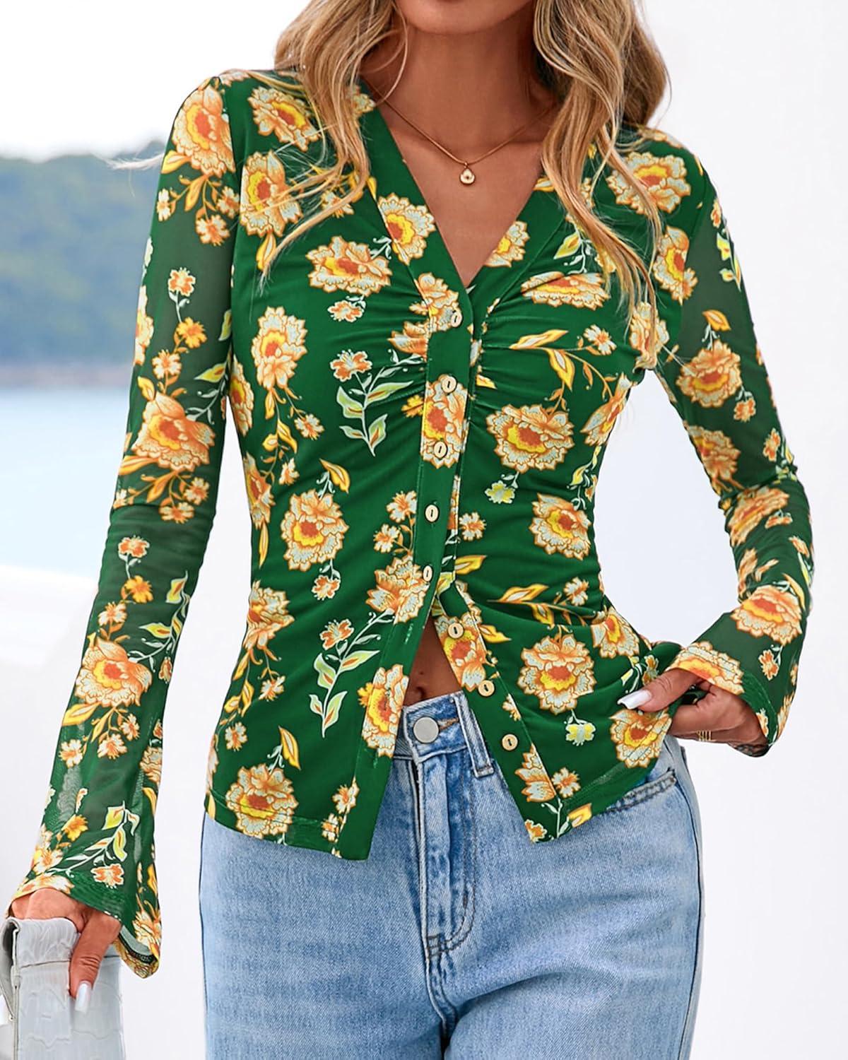 imageBTFBM Button Down Shirts for Women Fall Fashion 2025 V Neck Long Sleeve Blouse Ruched Mesh Fitted Floral Print Boho TopsArmy Green