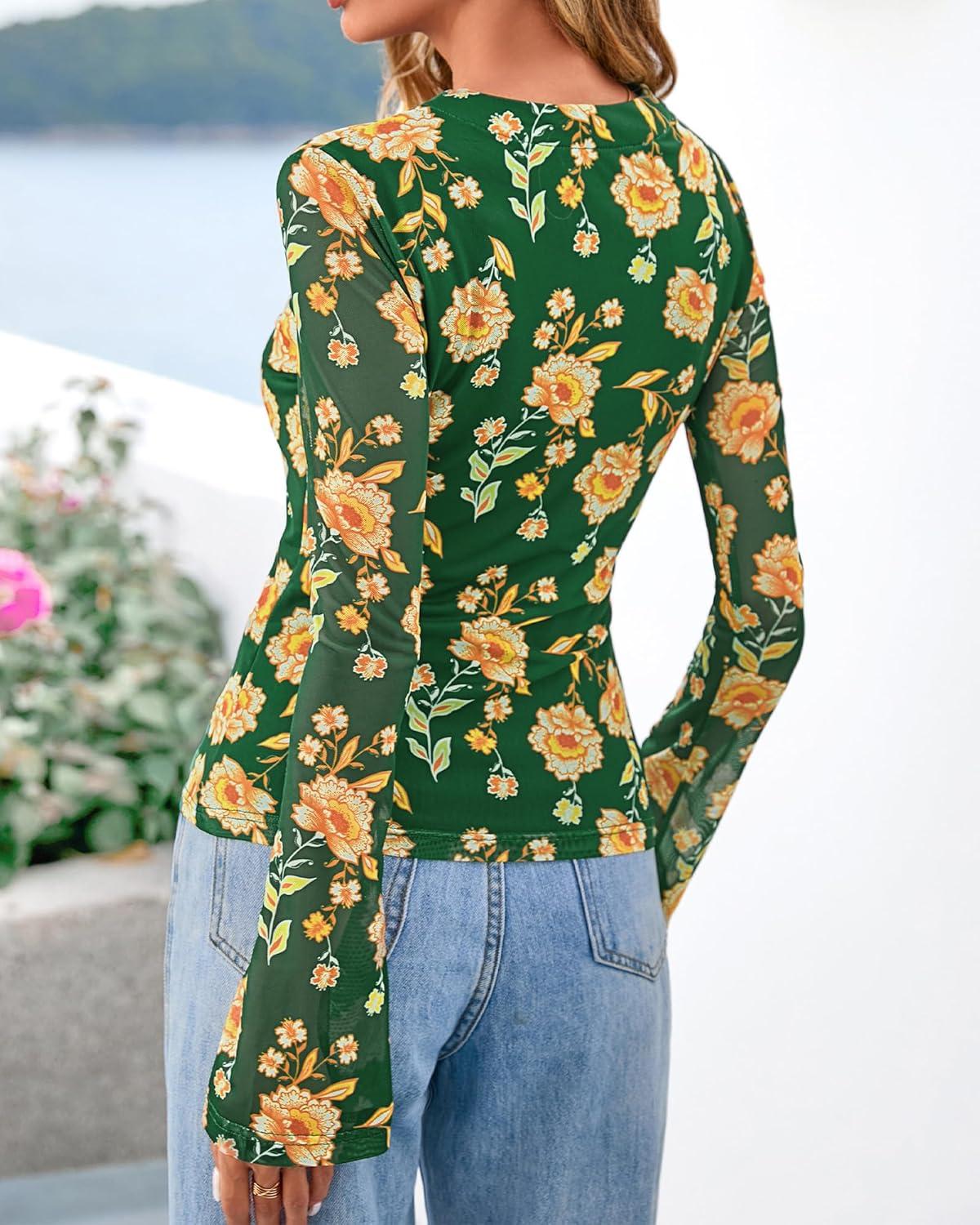 imageBTFBM Button Down Shirts for Women Fall Fashion 2025 V Neck Long Sleeve Blouse Ruched Mesh Fitted Floral Print Boho TopsArmy Green