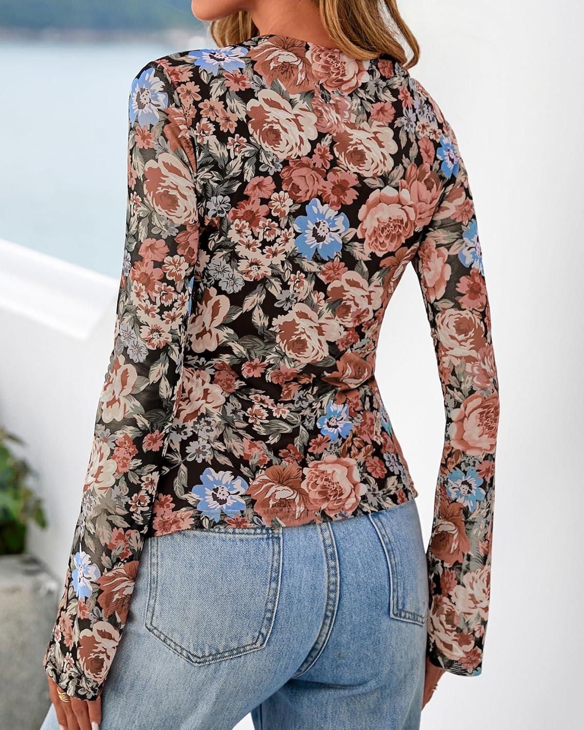 imageBTFBM Button Down Shirts for Women Fall Fashion 2025 V Neck Long Sleeve Blouse Ruched Mesh Fitted Floral Print Boho TopsFloral Black Orange